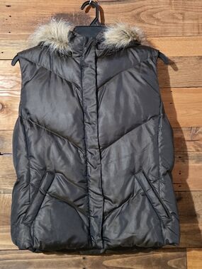 Relativity Down Puffer Vest Hooded Faux Fur Brown Quilted Zip Snap Winter L